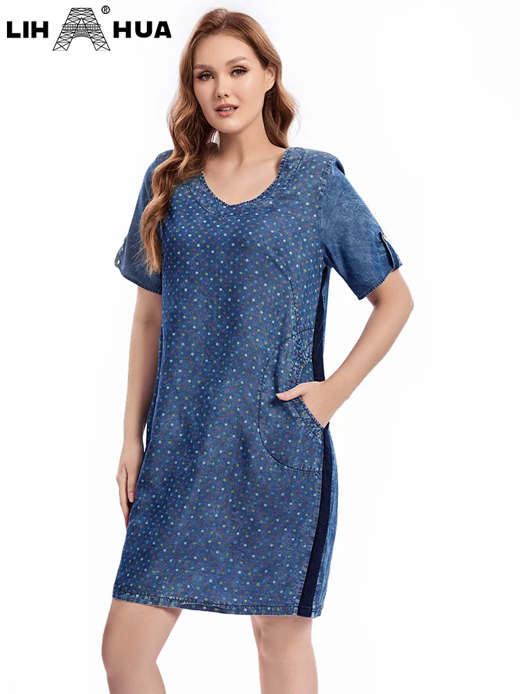 LIH HUA Women's Plus Size Denim Dress Autumn Chic Elegant Dresses For Chubby Women Woven Cotton  Dress