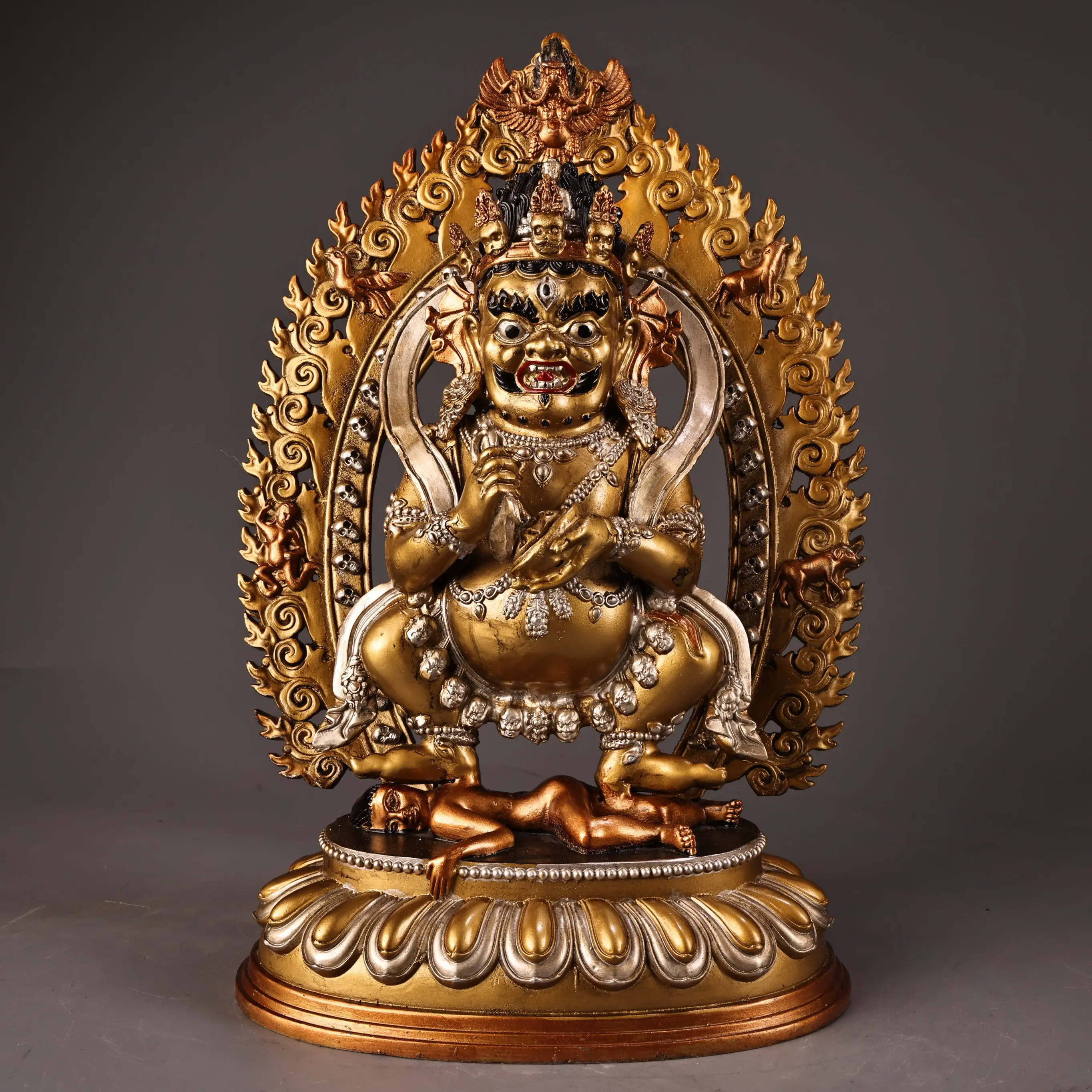 Bronze High Relief Engraved Gold Silver Tibetan Mahakala Statue Heavy Patina Fine Art Collectible