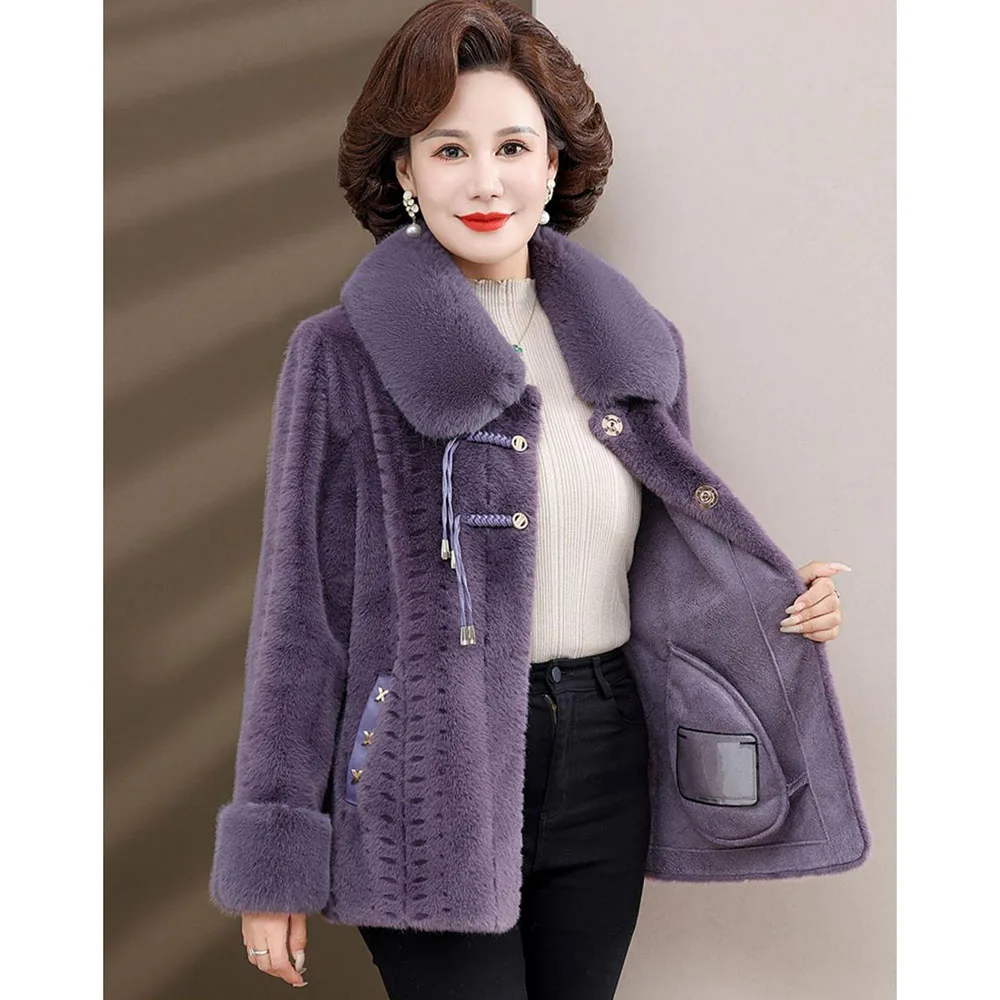 High-quality Mother Winter Fur Jacket Noble Women Mink Coat Middle Aged Female Fox Fur Collar Short Overcoat Mink Velvet Outwear