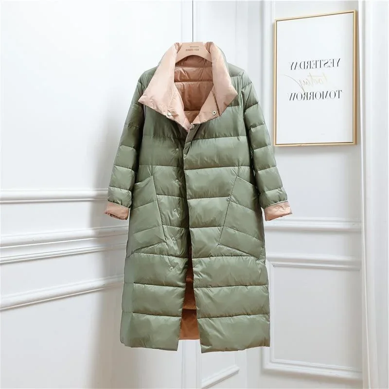 Two-Sided Women Warm Down Coat 2024 Autumn Winter Light Thin White Duck Down Jacket Female Long Oversize Puffer Parkas Outwears