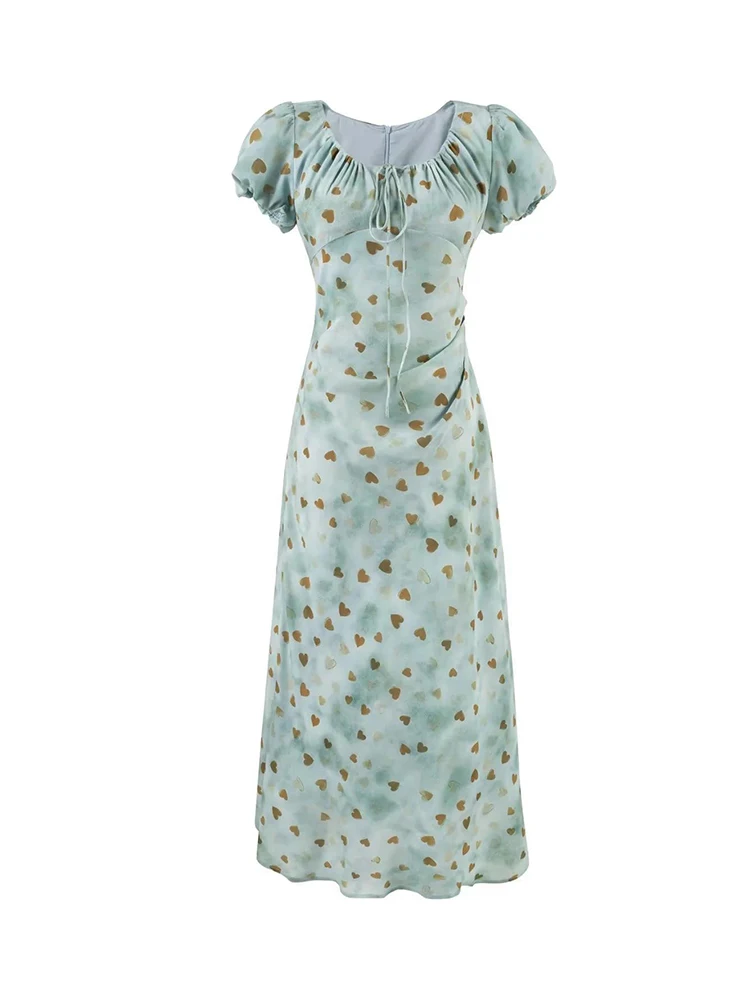 

Женское платье миди с коротким рукавом и принтом сердца, летние тонкие элегантные шифоновые платья