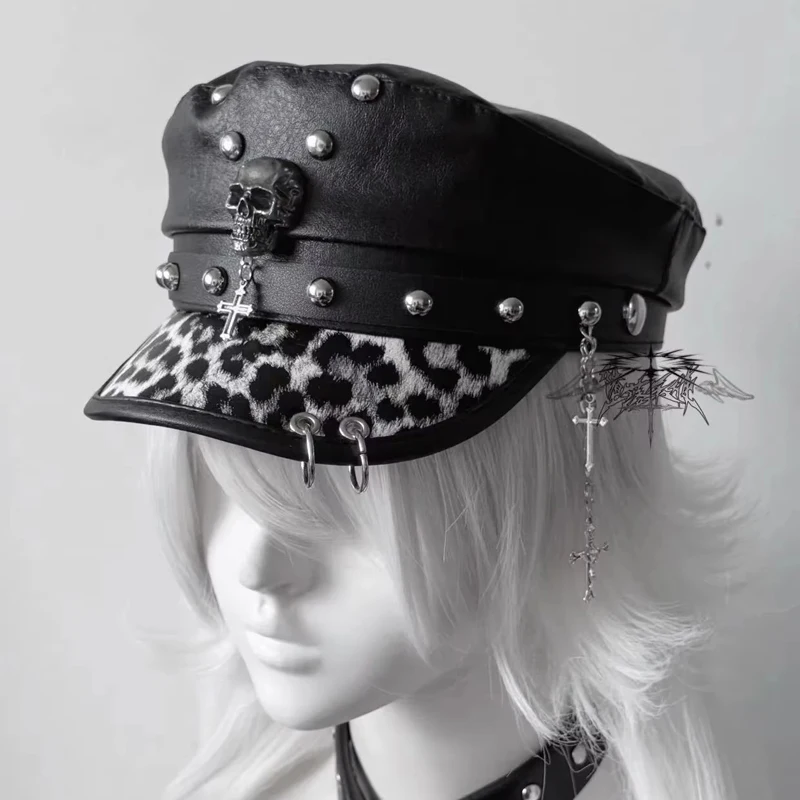 

Fashion PU Leather Women Beret Punk Style Vintage Flat Top Military Caps Outdoor Casual Army Cap