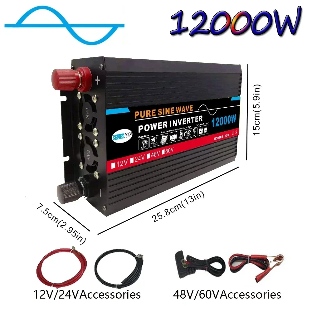 12000W Pure Sine Wave Power Inverter 12v 24v 48v 60v To 220v Voltage Transfer Converter Universals EU Socket Auto Accessories