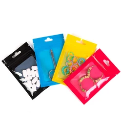 Reclosable Flat Plastic Package Bags Pouches Euro Hole Glossy Yellow Blue Red Black Zip Lock Mylar Bag with Clear Window