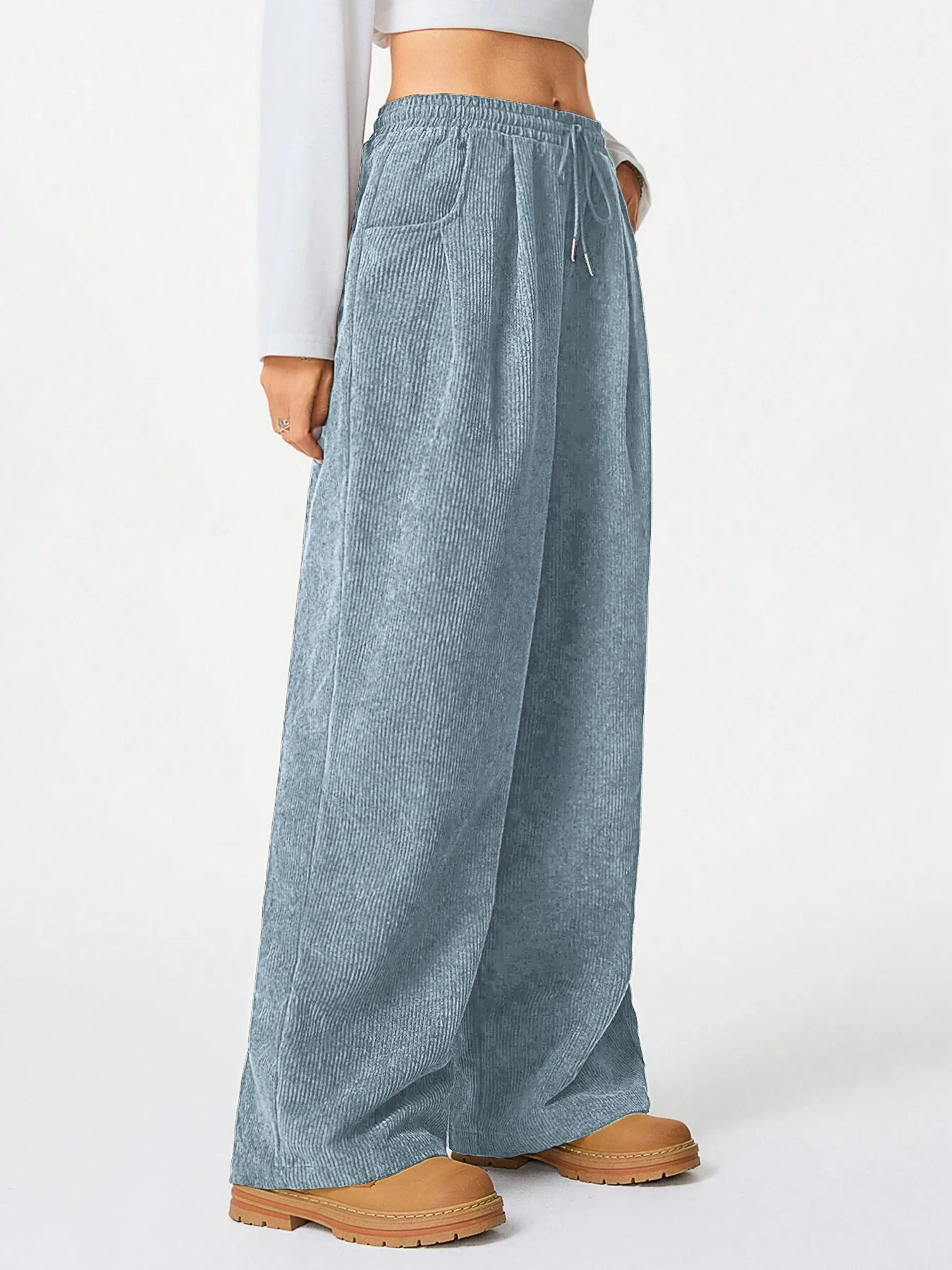 Damen Retro Cord Cargo-Hose Lässige Kordelzug Gerade Sporthose Fließende Alltags-Pendlerhose mit Weitem Bein – Detail 18