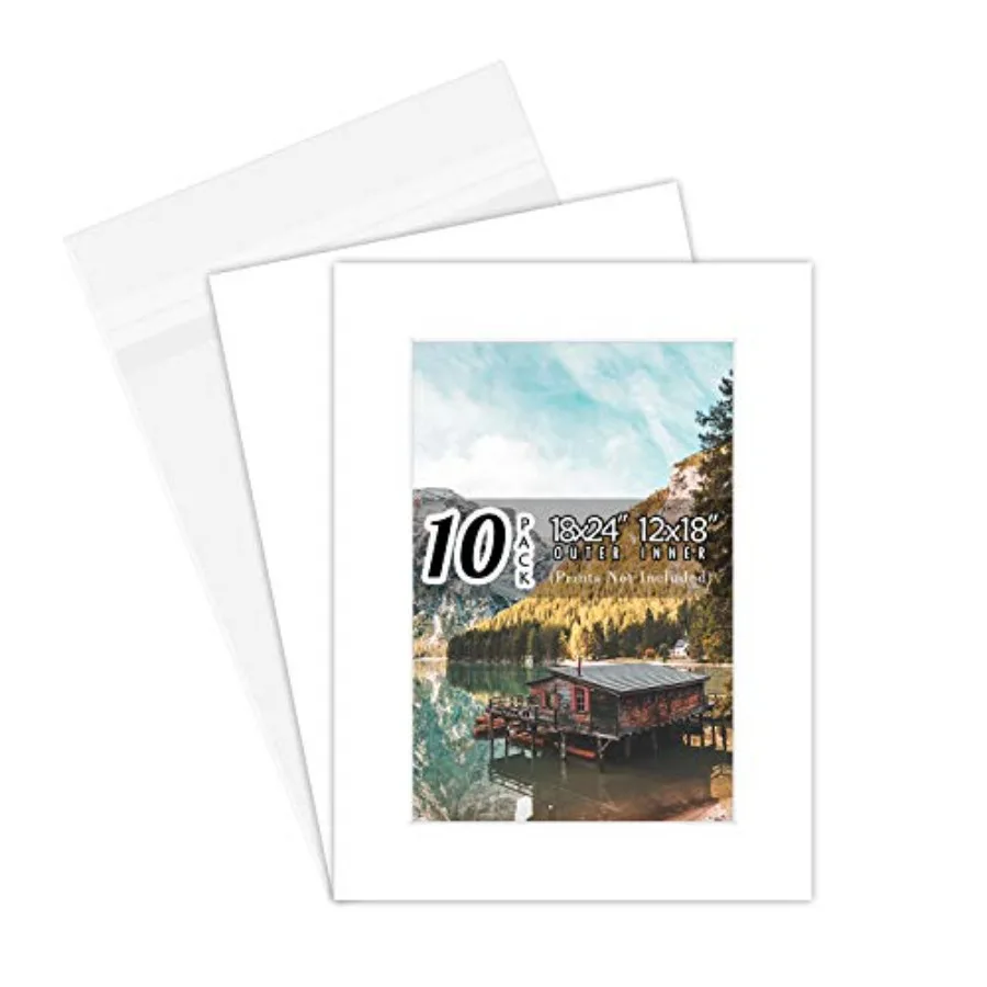 

10 белых матовых подложек 18x24 дюймов, предварительно нарезанных, безкислотные, с белым сердечником, для 12x18 + подложка + пакет
