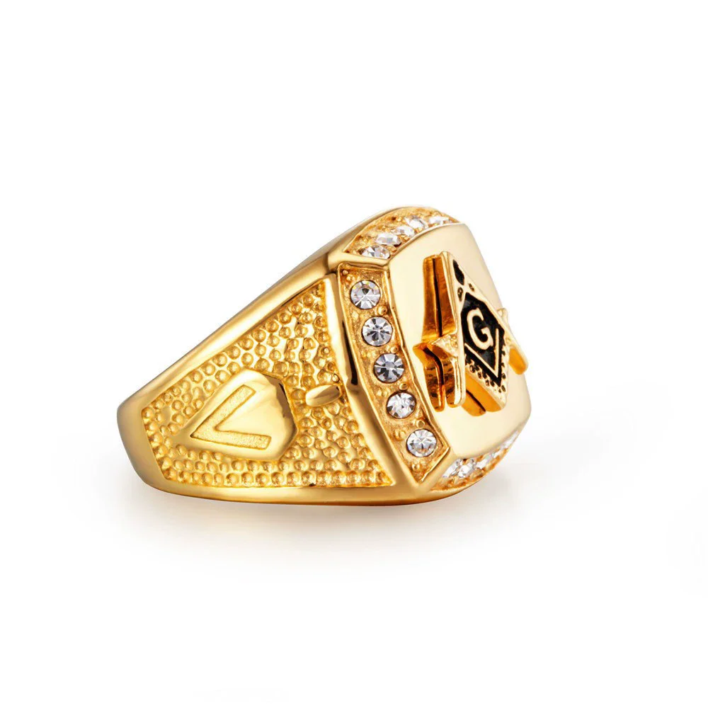 Men Ring Luxury Gold Color Masonic Titanium Jewelry Geometrical Design Crystal Masonic Rings Fashion Jewelry view 4