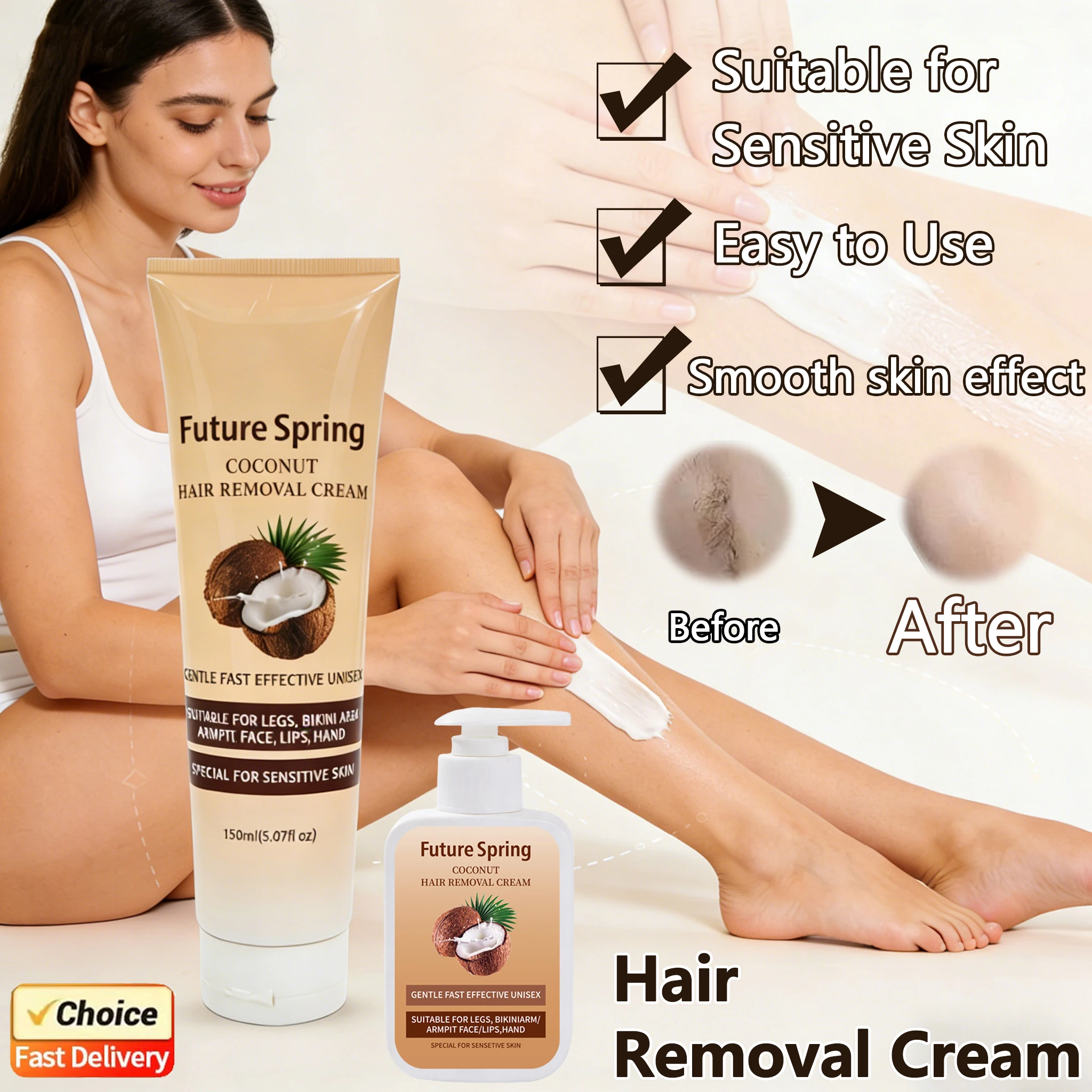 

Coconut Oil Hair Removal Cream Gentle Facial Depilatory Non Irritating for Lips Legs Arms Armpit All Skin Types Men Women