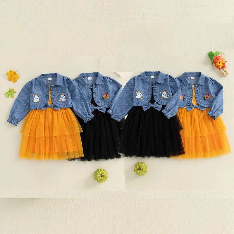 

Платье Tregren для маленьких девочек, одежда на Хэллоуин, декор с бантом, многослойное тюлевое платье на тонких бретельках с курткой с принтом тыквы/призрака