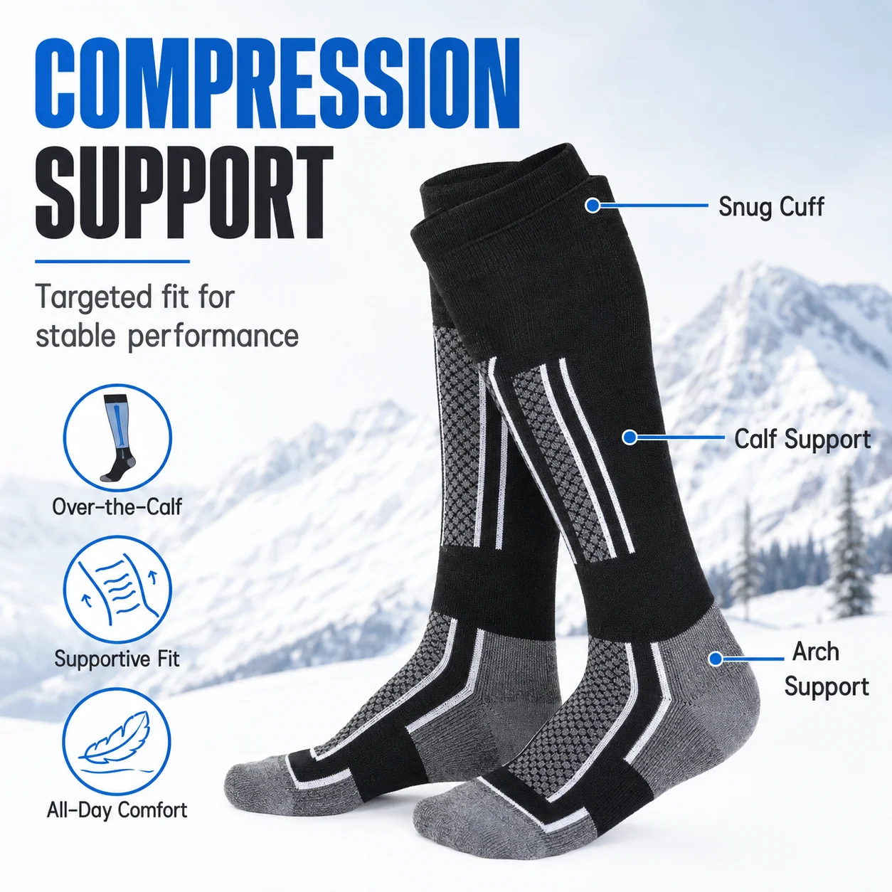 Winter Ski Socks Thick Thermal Over Calf Sports Socks Compression Support Breathable Cushion Socks for Skiing Snowboard Hiking