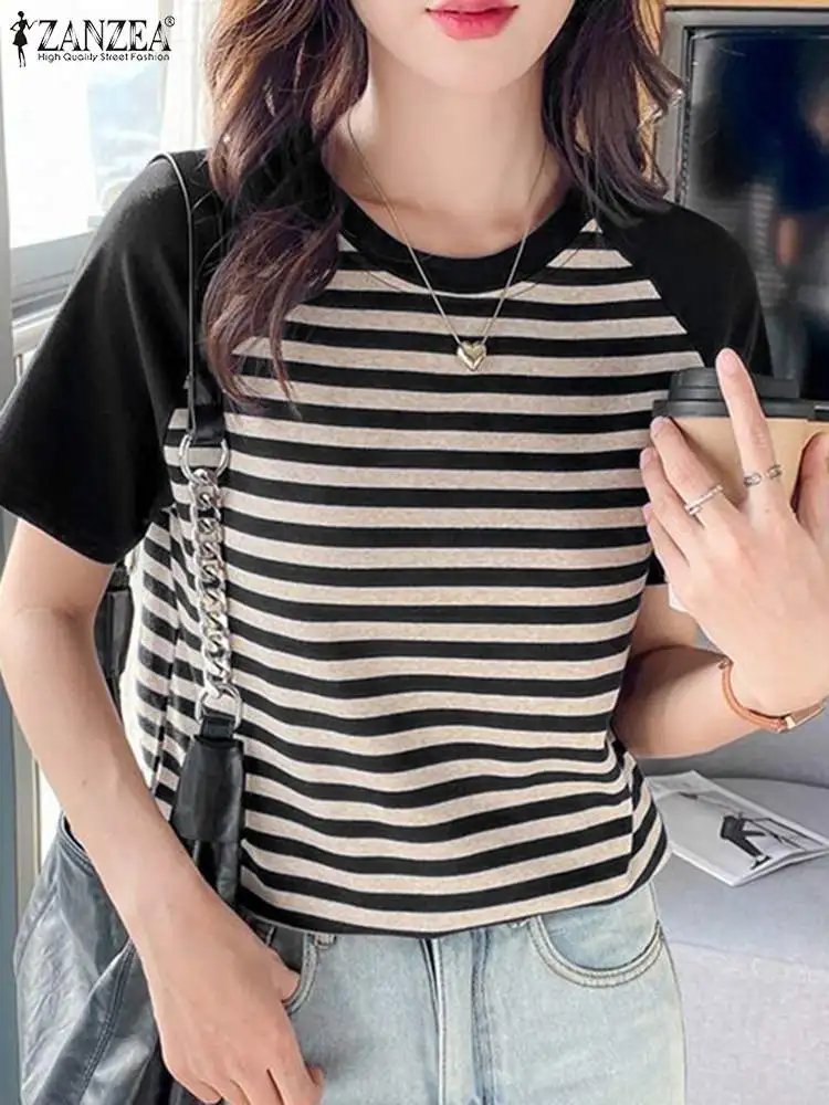 ZANZEA Women Summer Patchwork Blouse Casual Tops Fashion Short Sleeve Striped Printed Shirt Female Elegant OL Work Blusas Mujer