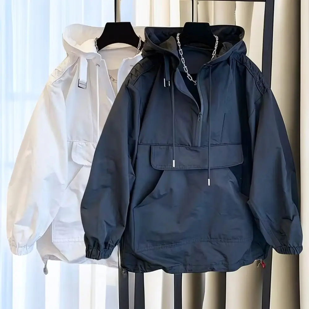 Mens Streetwear Windbreaker Jacket Hooded Half Zip Cargo Coat Casual Loose Fit Spring Autumn Sporty Utility Gear