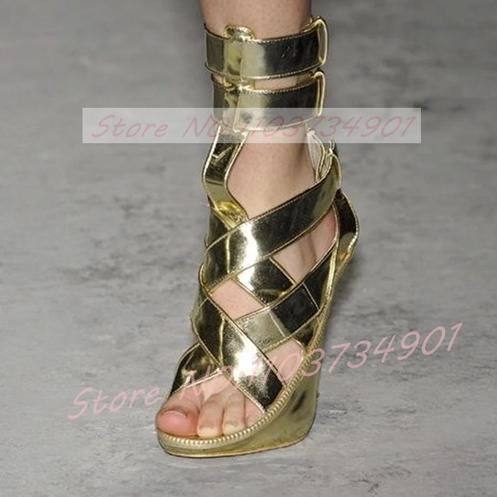 

Gold Zipper Cross-tied Wedges Sandals Women Sexy Peep-Toe Ankle Strap High Heels Shoes Female New Fashion Party Runway Sandals