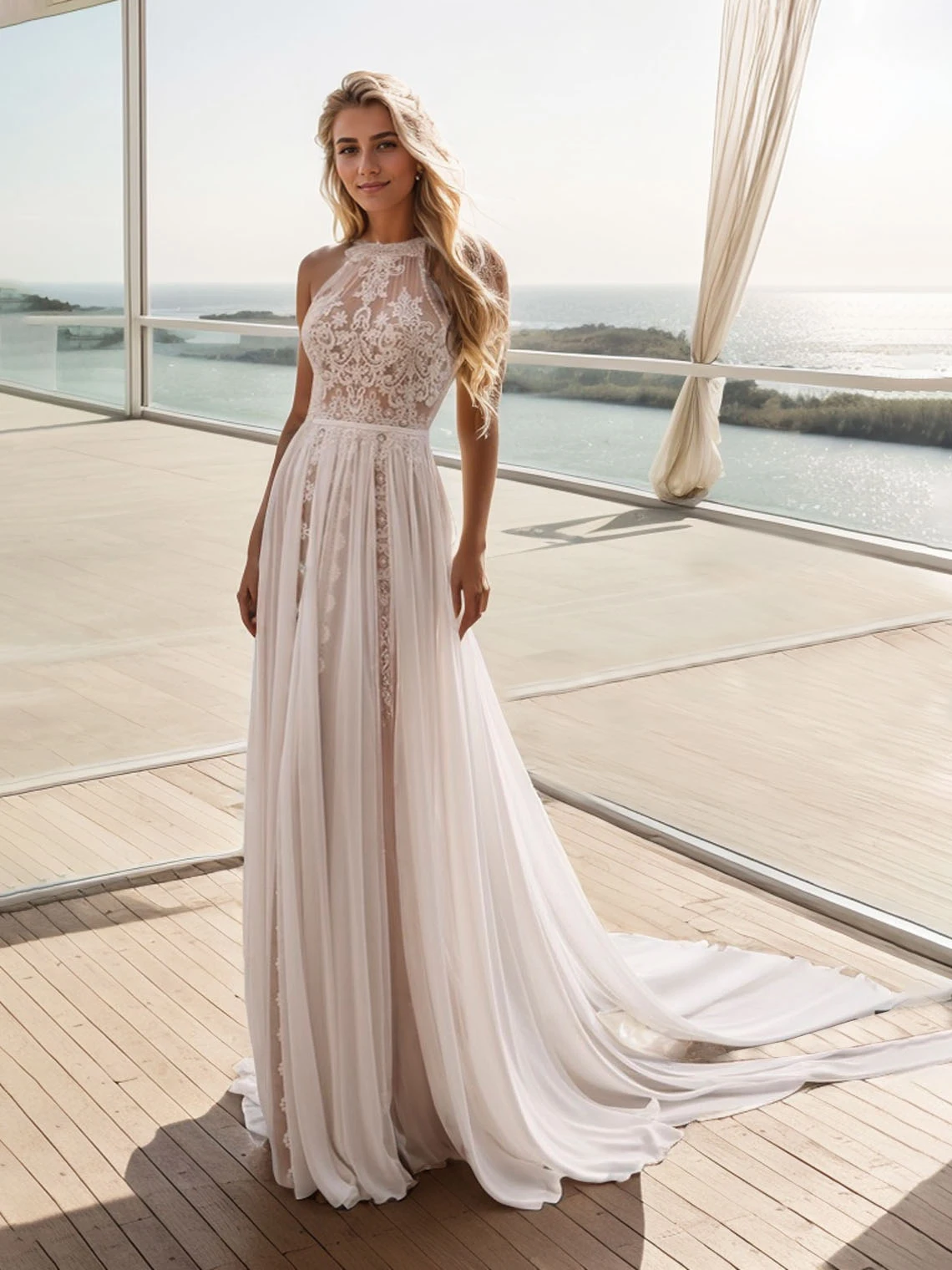 Elegant Sexy A-Line Beach Wedding Dress Sleeveless Chiffon Lace Jewel Neck Court Train Modern Bridal Gown 2025 Free Customized