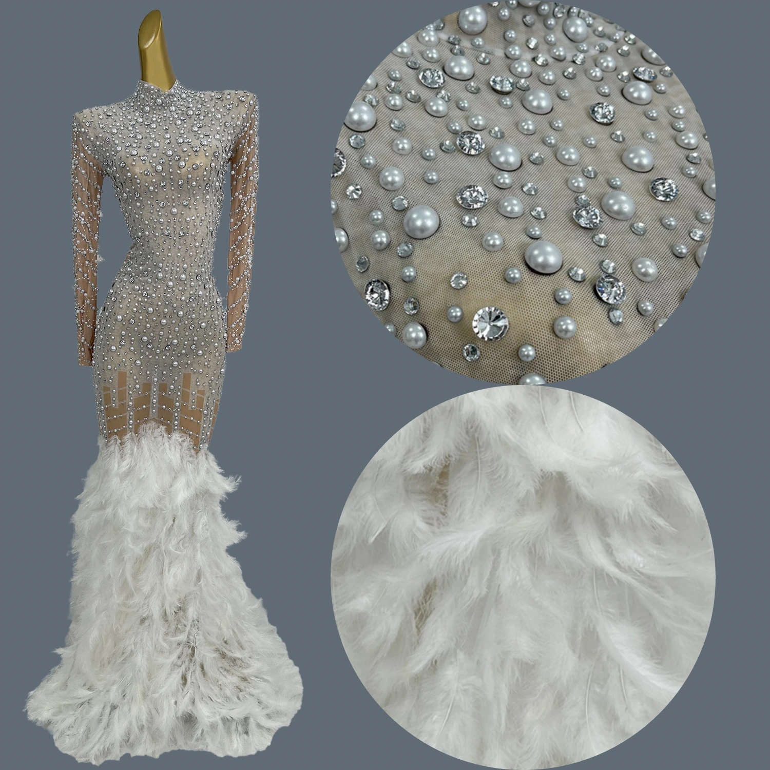 

Luxury Shine Pearls Rhinestone Floor-length Dress Birthday Lady White Feather Fishtail Gown Dinner Skinny Ball Dress Liantiyumao