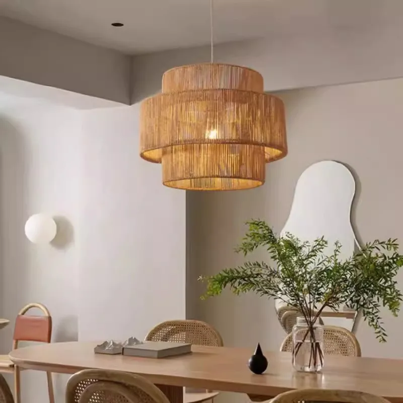Bohemian vintage rattan pendant light wabi sabi hand Grass rope hanging chandelier living room dining room bedroom ceiling lamp