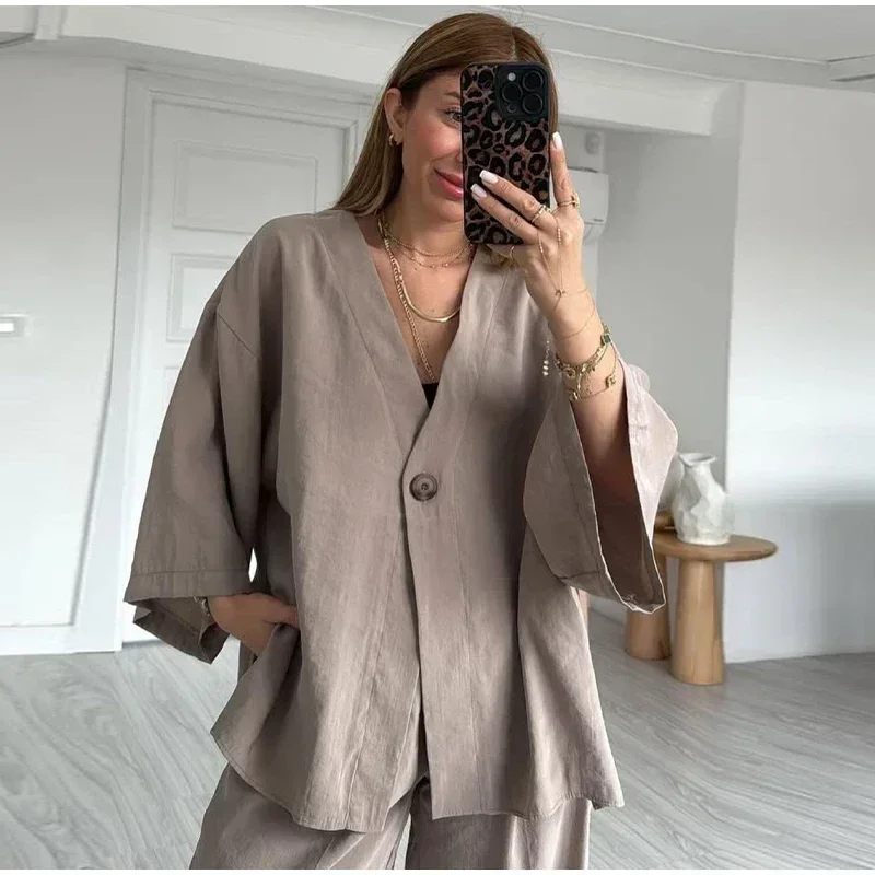 

Casual Chic Cotton Linen Pants Sets Women Loose V-neck One Button Shirt High Waist Wide Leg Pant 2026 Spring Summer Lady Suit