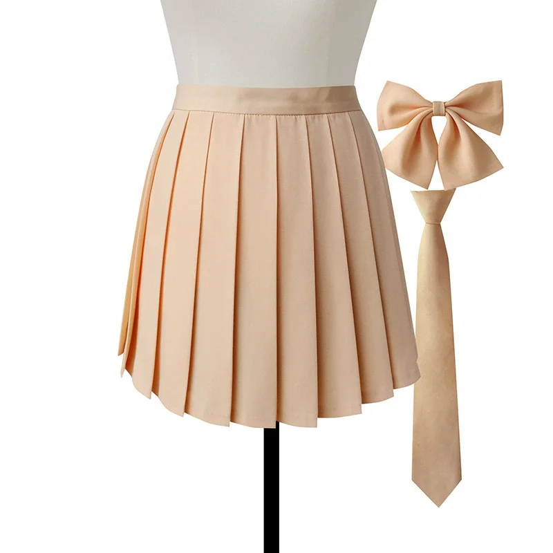 Women Summer solid color Pleated Skirt With Necktie Bowtie Korean Jk Skirt Uniform Japanese School Preppy A Line Mini Skirts