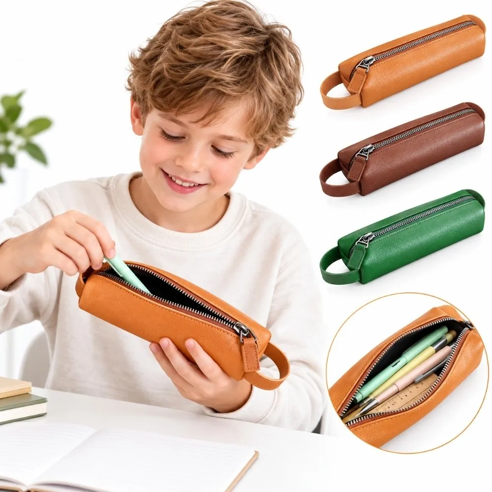 Gifts PU Leather Pen Pouch Single Compartment Wrist Loop Pencil Case Zipper Closure Waterproof Pen Bag School Office Supplies
