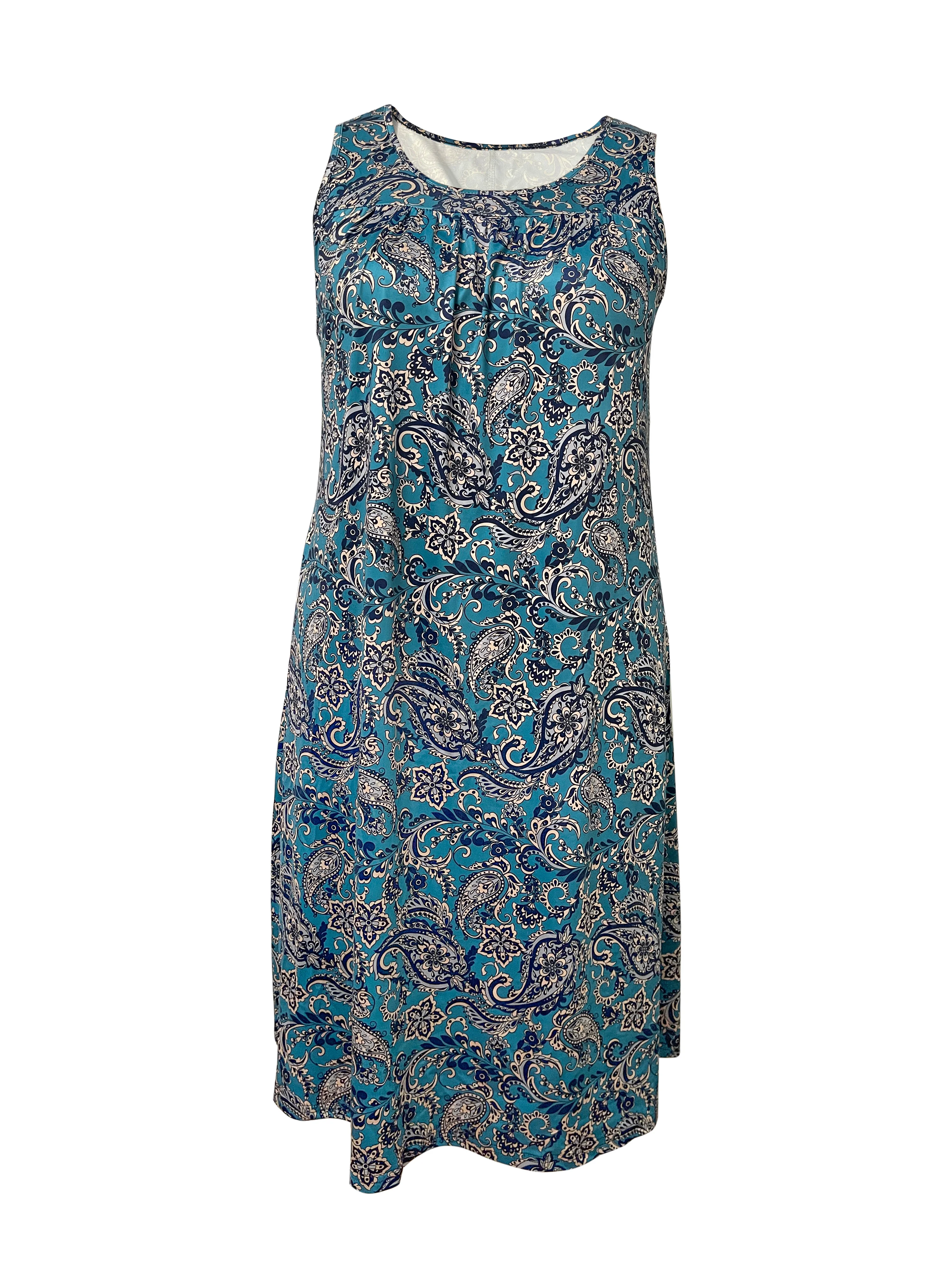 Plus Size Women’s Sleeveless Paisley Print Dress, Teal Blue Bohemian Style, Casual Summer & Daily Wear