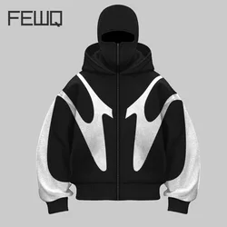 FEWQ Double Hat Unique Design Hooded Sweatshirt Autumn Winter New Loose 2024 Contrast Color Long Sleeve Male Tops 24E5470