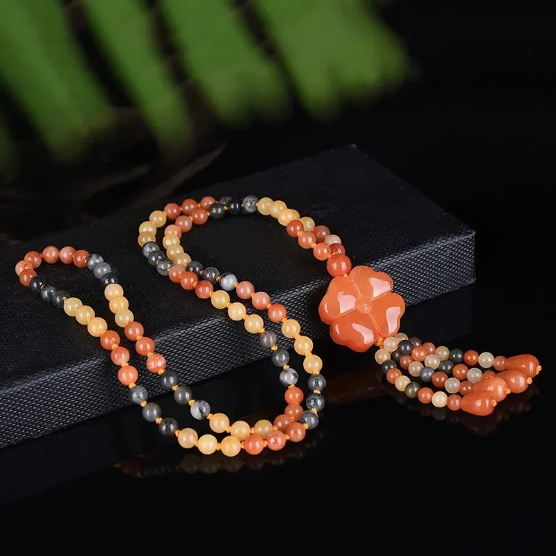 Gold-threaded , long four-leaf clover pendant women's tricolor jade sweater chain necklace