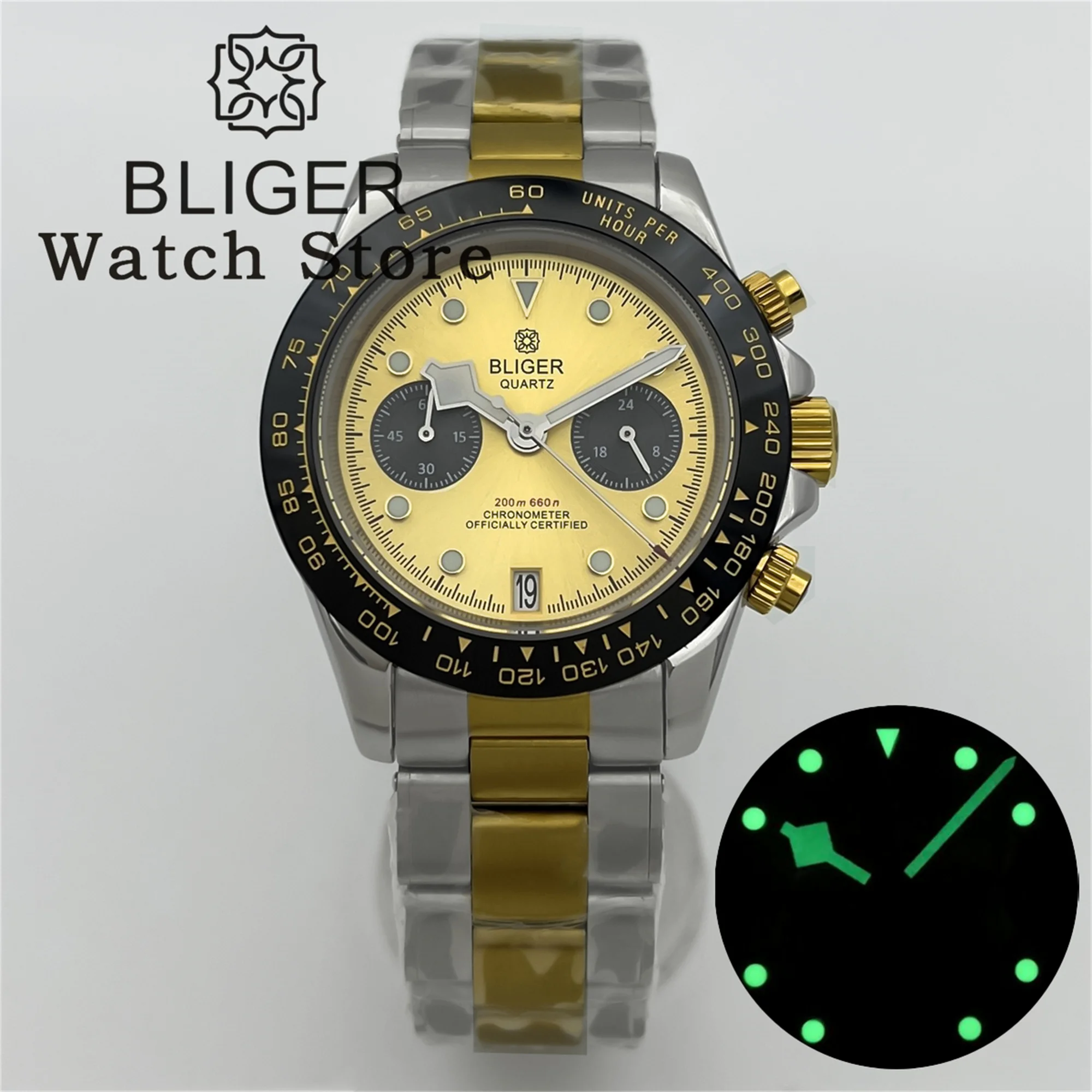 

BLIGER 39MM Two tone Gold VK64 Quartz Chronograph Watch Black Gold Bezel Sapphire Glass Stainless strap Waterproof Men Watch