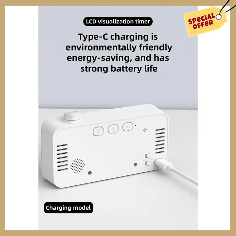 Будильник обратного отсчета, двойной дисплей, визуальный менеджер, будильник, ручка обнаружения температуры окружающей среды, дизайнерские часы, черный, прочный