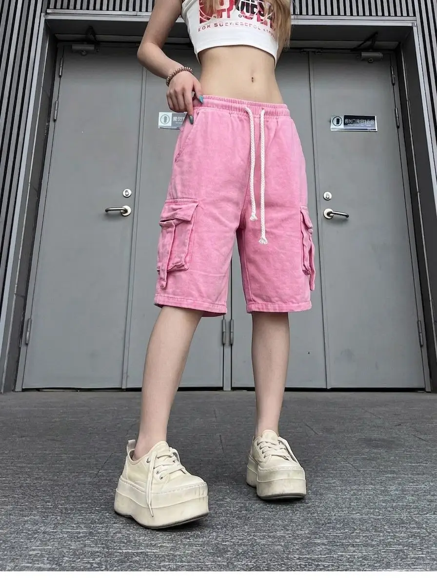 Summer Women's Multi Pocket Pink Shorts Casual Bottom Little Girl Half Trouser Capris Female Wide-leg Knee Length Pants