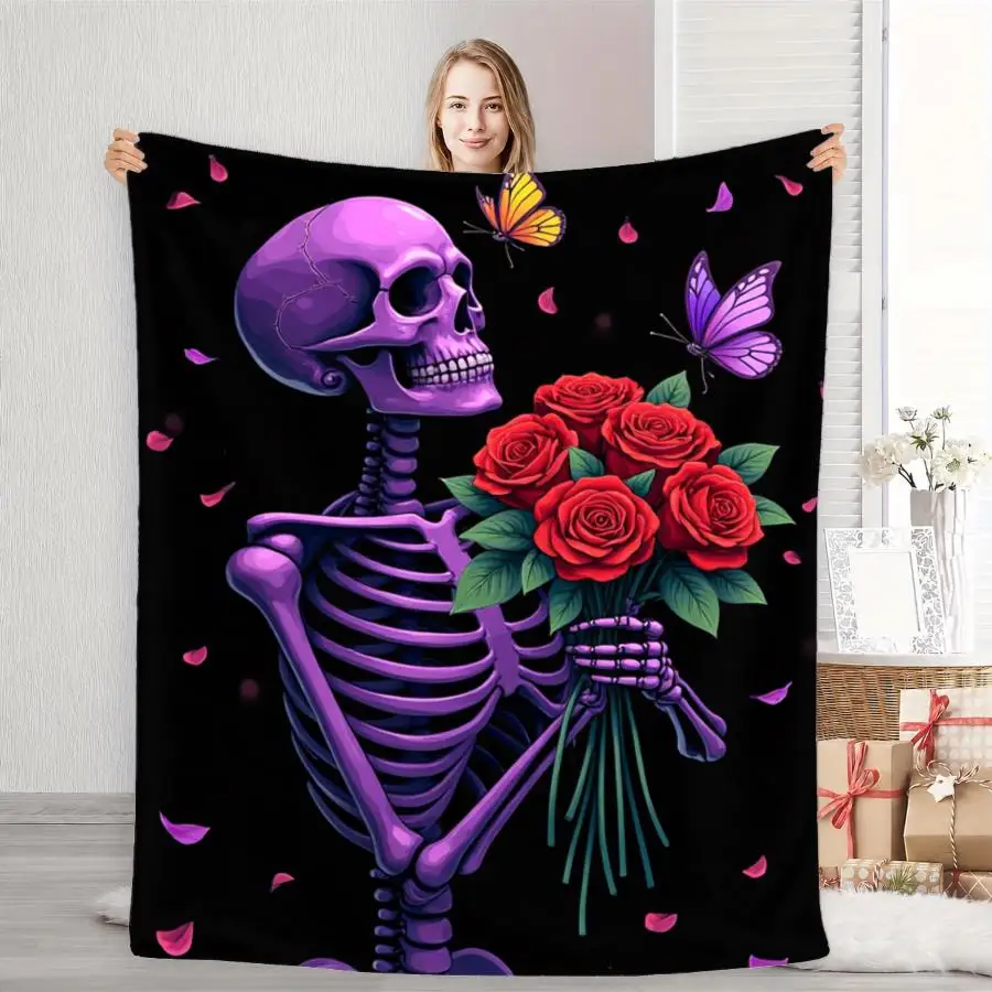 Purple Background Witch Hat Skull Star Pattern Soft Flannel Throw Blanket Lightweight Warm Blanket For Sofa Bed Spooky Halloween