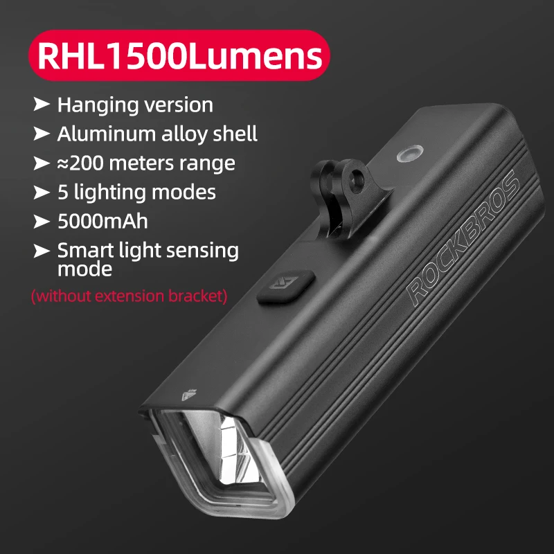 ROCKBROS Fietskoplamp IPX6 Type-c Oplaadbare Fiets Hanglamp Koplamp LED Zaklamp 400/800/1000/1500LM Aluminium