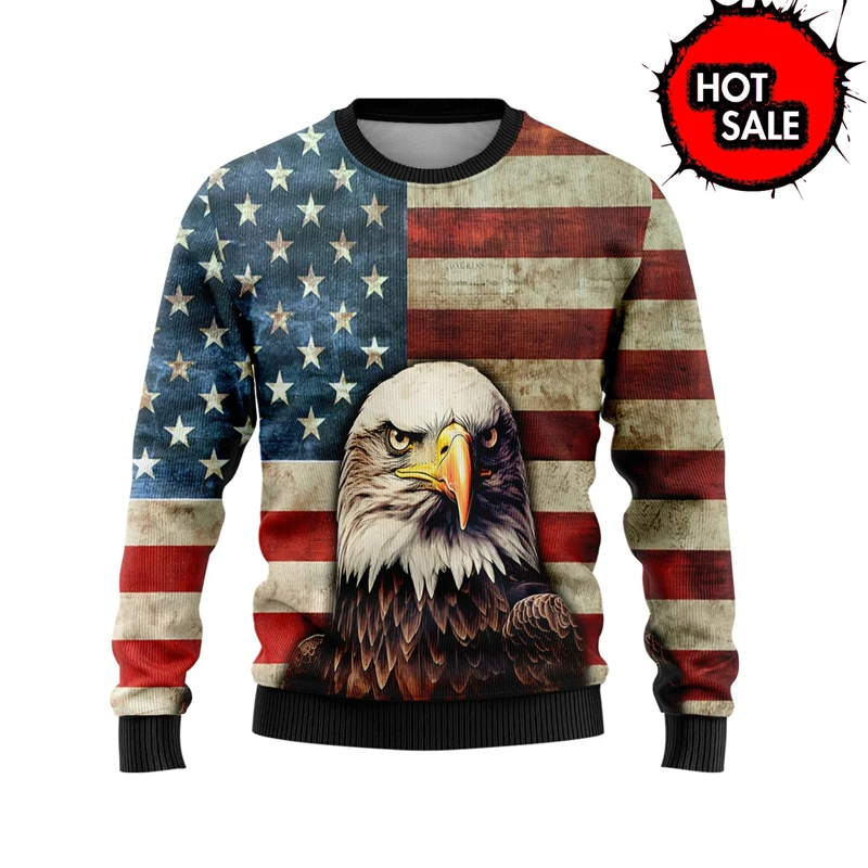 American Flag USA Sweaters Mens Clothes 3D Printed Eagle Hoodies Women Harajuku Fashion Y2k Sweater Vintage Street Sweatshirt