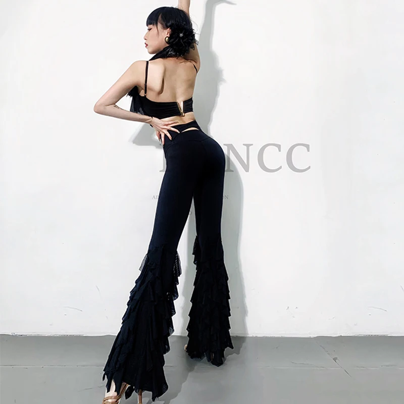 Latin Dance Clothes Women Black Ruffled Tops Fringed Pants Cha Cha Rumba Samba Dance Performance Costume Practice Wear DNV18875