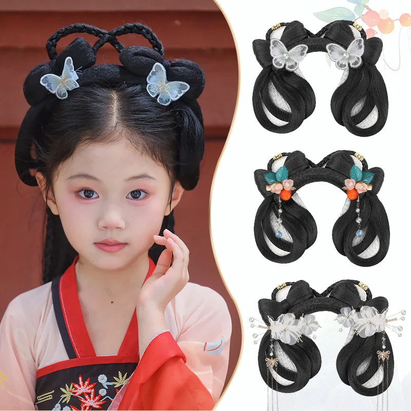 Children's Hanfu Wig Headband Ancient Costume Styling Girls' Antique Style Hair Accessories Photography Dance Accessory Wigs
