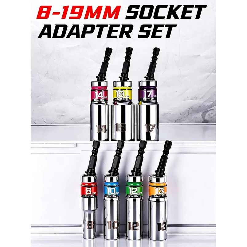 1/4 Inch Universal Impact Socket Set 15 Degree Swivel Angle 12 Point Nut Driver Bit Adapter for Electric Pneumatic Drill Repair