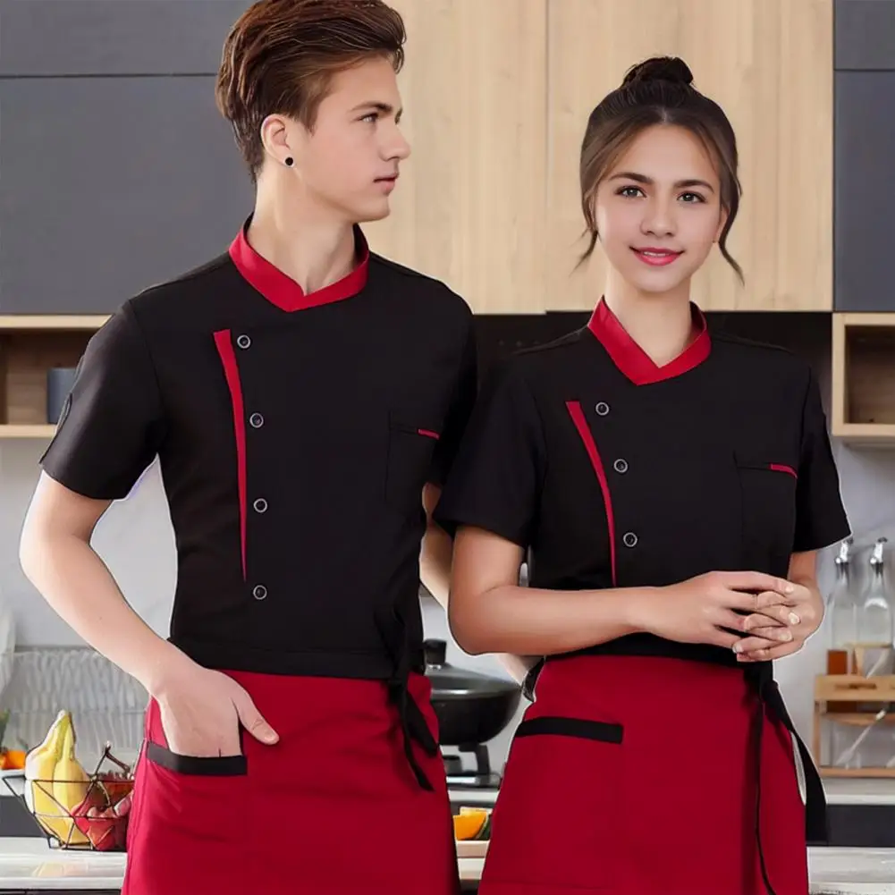 Chef unissex de manga curta, uniforme de bolsos no peito, roupas de cozinha respiráveis, roupas de cozinha, roupas de garçom, homens e mulheres