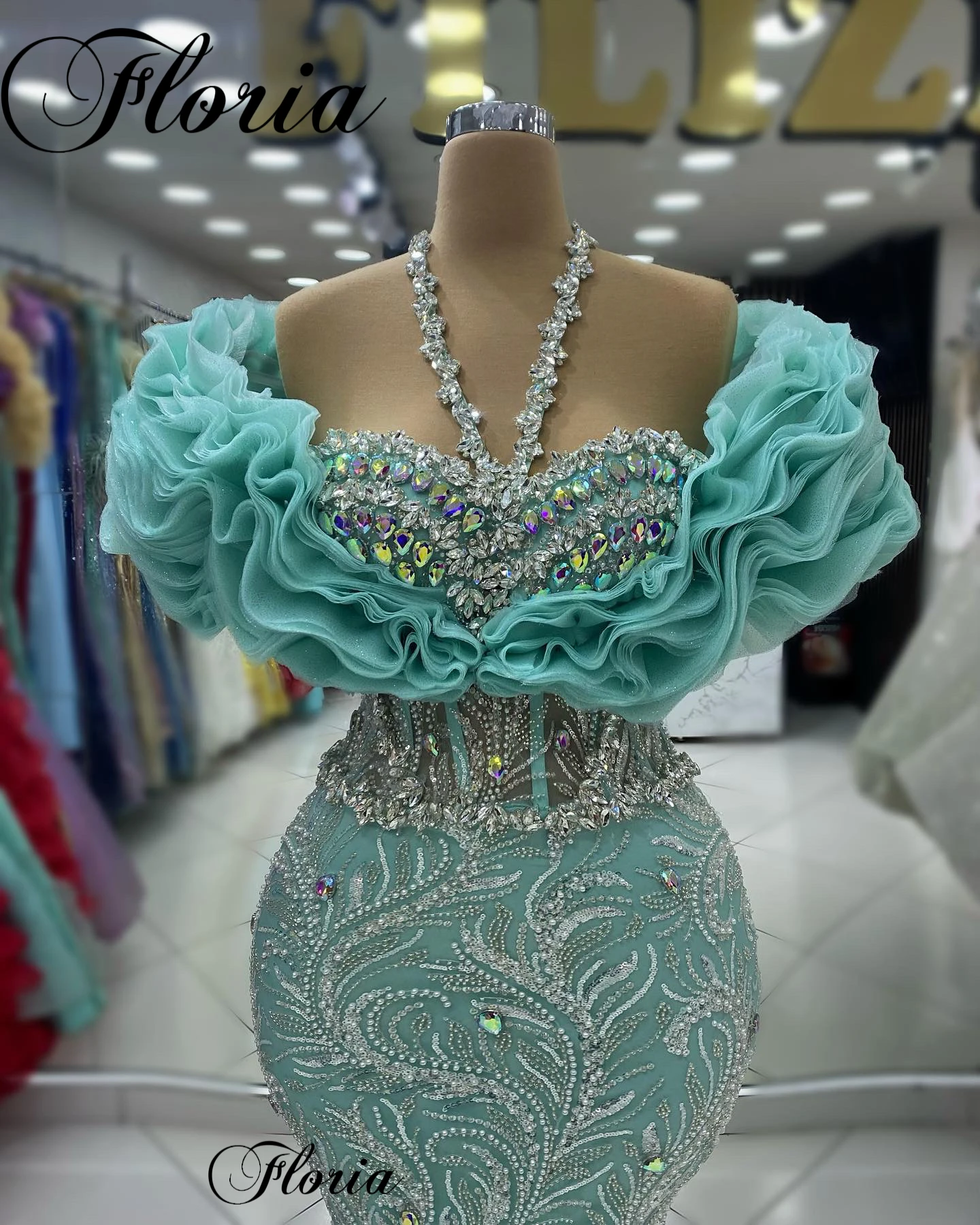 Mint Green Beaded Celebrity Dresses With Crystals Off Shoulder Sweetheart Opening Ceremony Dresses For Women Vestidos De Noche