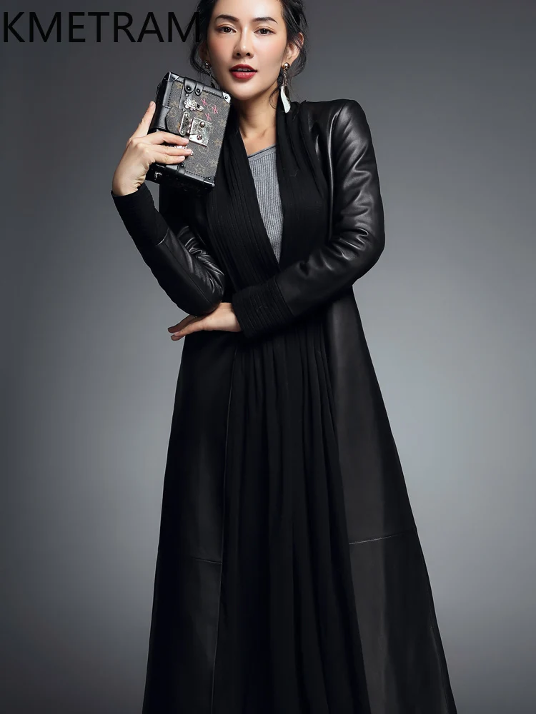 Chaqueta de cuero genuino para mujer, chaquetas largas negras de piel de oveja auténtica, gabardina de cuero de alta calidad, ropa de primavera para mujer 2025 가자켓
