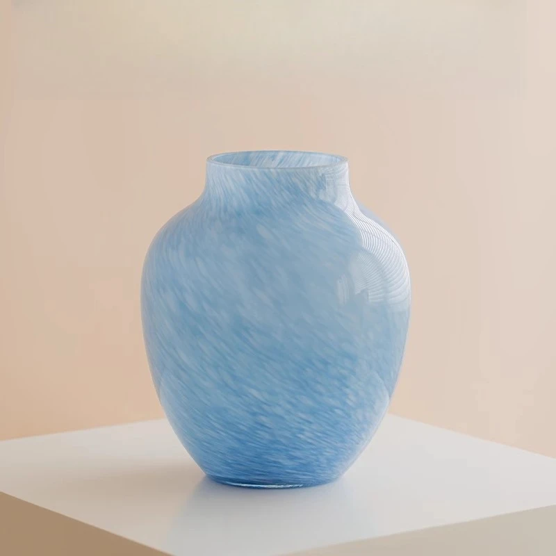 Retro big belly glazed vase cloud mist blue glass living room entrance flower arrangement housewarming gift dining table