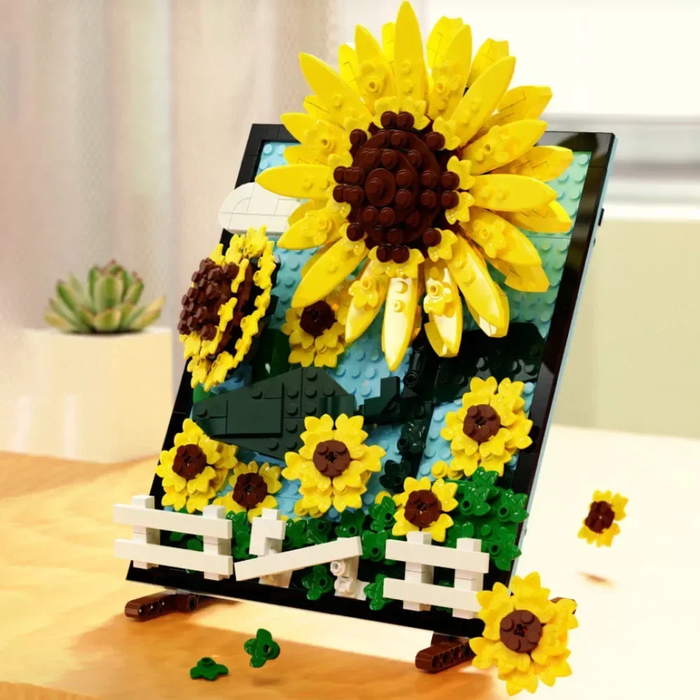 1277PCS Sunflower Vase Wall Art Building Bricks Kit Creative Painting Block Model with Artist Figurine Decor Toy Gift for Adults