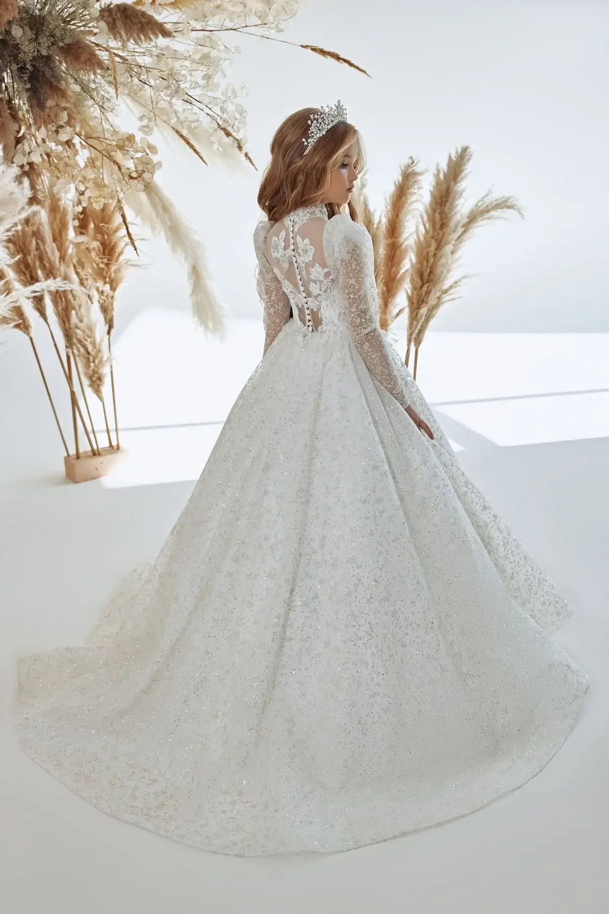 JDY Custom Girls' Long Sleeve Maxi Dress with Lace & Glitter Details - Elegant Princess Ball Gown for Special Occasions