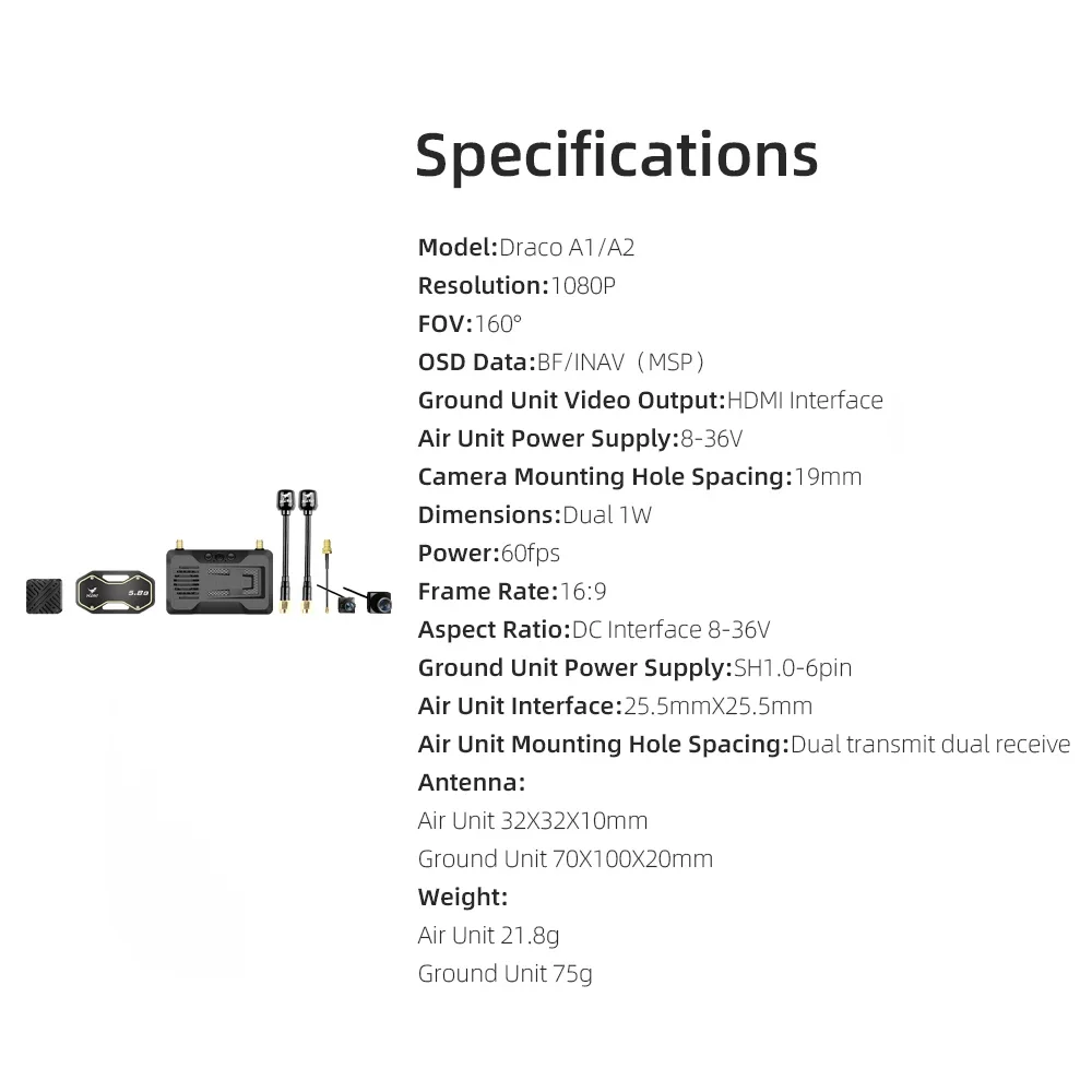 VoltSHGLRC Draco Digital VTX System 5.8GHz 1W Power 1080P 60fps Max 15km 60ms Latency Dual Antenna Stable Long Distance FPV
