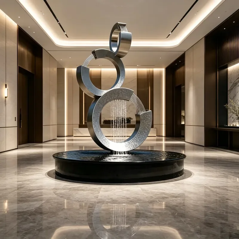 Hammered Stainless Steel Three Linked Ring Water Fountain Sculpture, Indoor Circular Water Feature for Lobby Decor