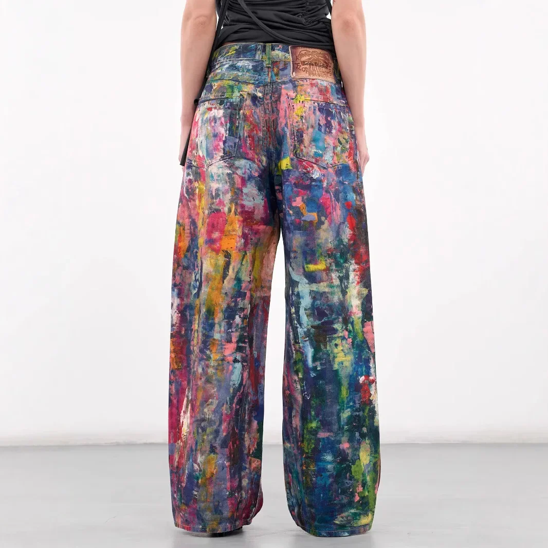 Jeans Women Wide Leg Pants Straight Denim Mom Paint Splash Trousers High Waist Distressed Vintage Floor Length Streetwear 2025