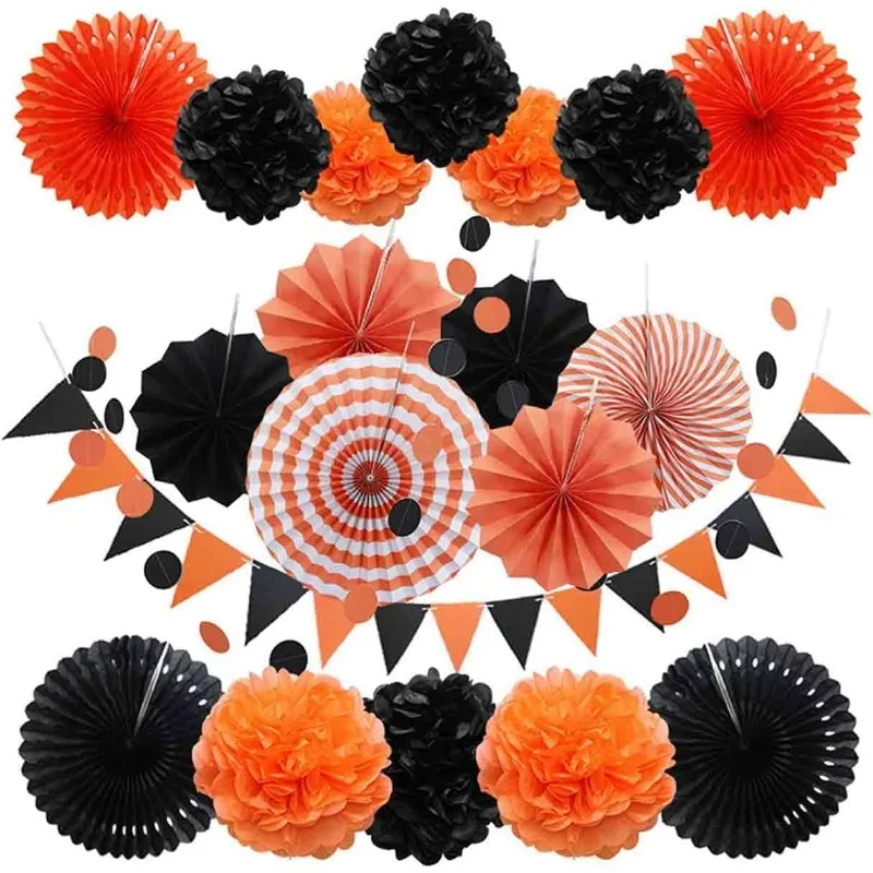 

20 Pcs Pom Poms Flowers Hanging Paper Fans Triangle Bunting Flags and Garlands String Polka Dot for Baby Shower Halloween Party