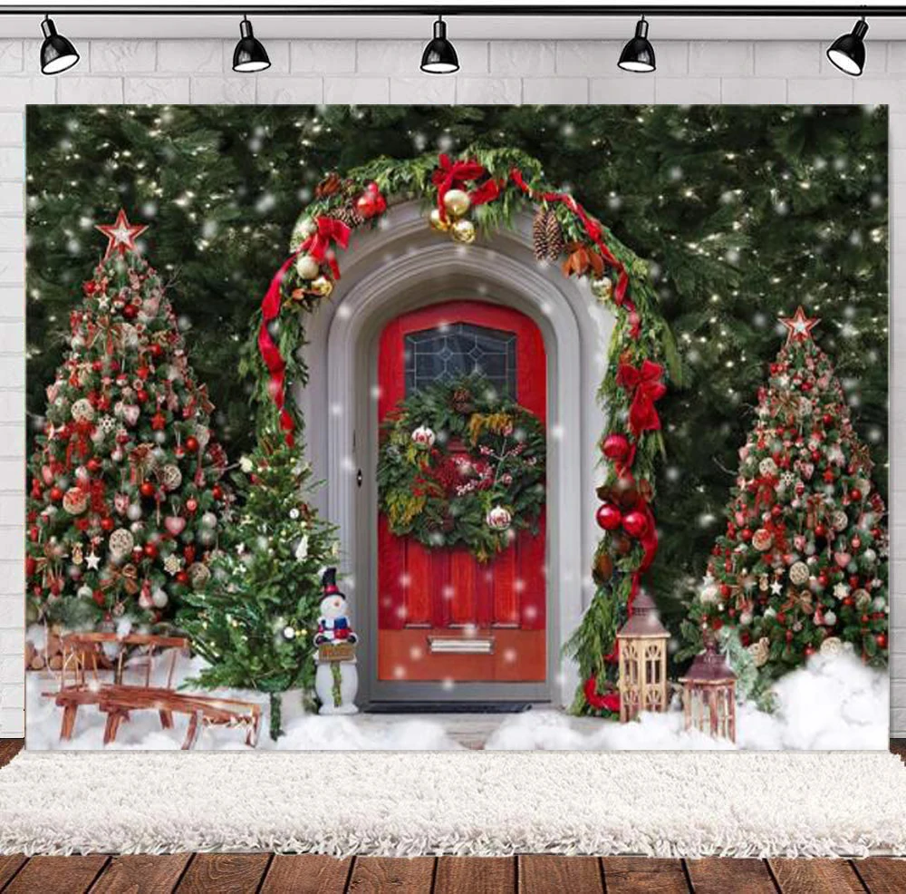 Photography Backdrop Christmas Tree Red Door For X-mas Holiday Party Decoration Newborn Children Kids Portrait Photo Background