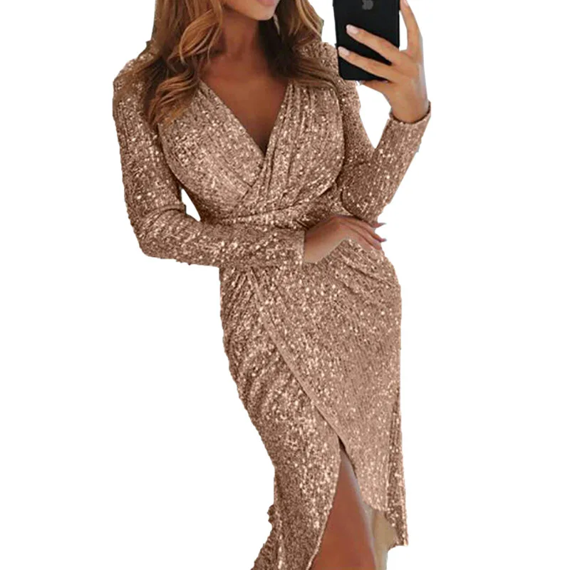 8 Colors Autumn Sequined Midi Plus Size Dress Suit Long Sleeve Christmas Party Women Dress Club Pencil Gold V Neck Dress