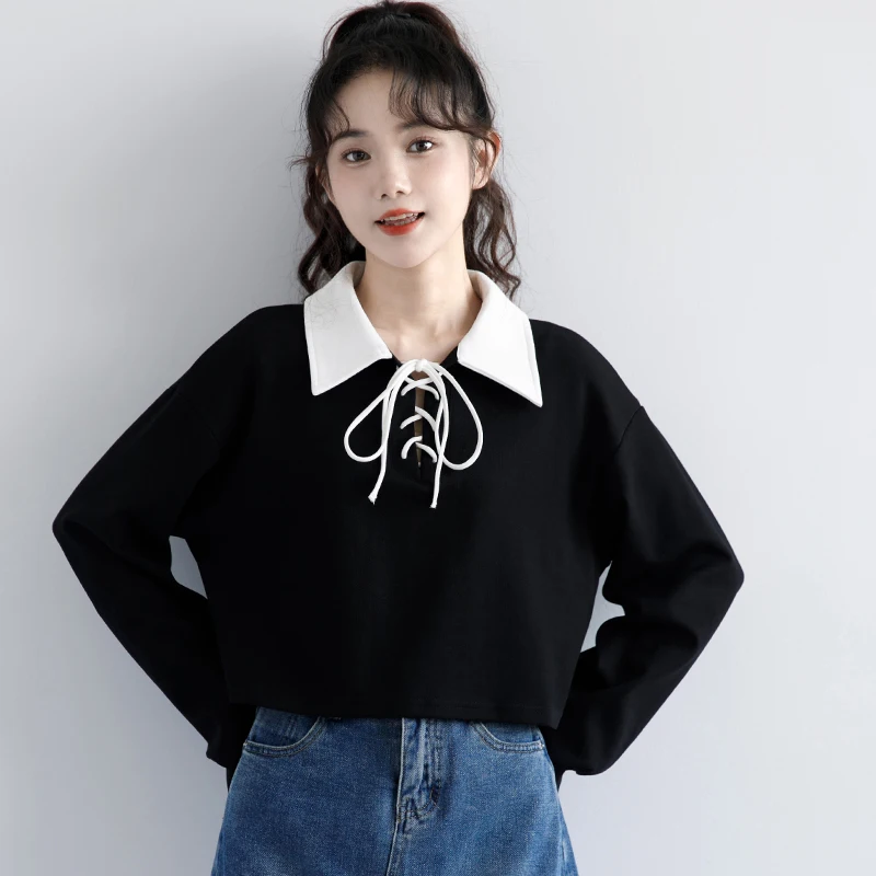 

Spring Fashion Black Hoodies Vintage Shirt Collar Lace Up Sweatshirt Women Pullover Korean Style Aesthetic Long Sleeve Crop Top