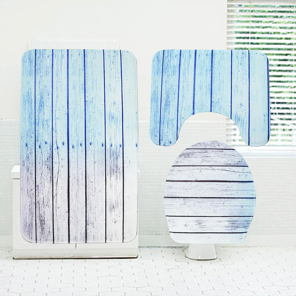 

3 in 1 3D Print Bathroom Mat Set Blue Plank Pattern Non Slip Toilet Rug Set Fast Absorption Washroom Floor Cover