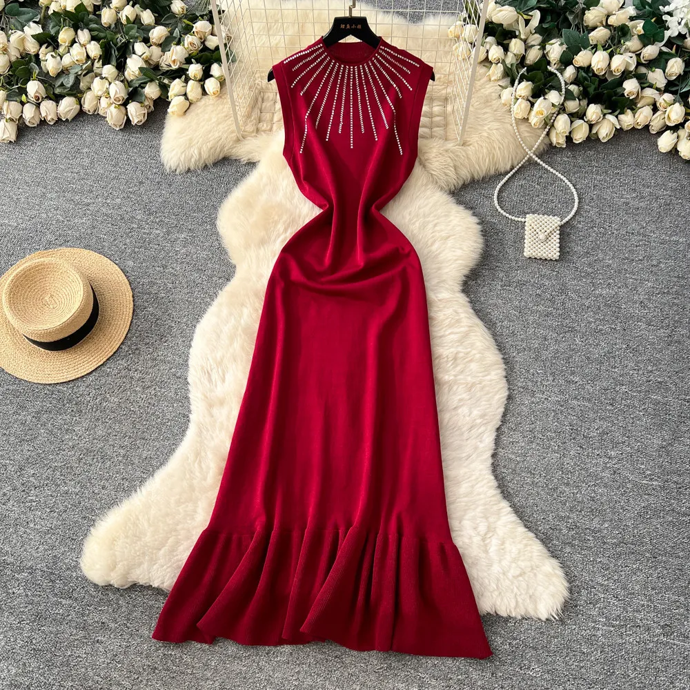 

Women Mermaid Dresses A Line Solid Dress Rhinestones O Neck Sleeveless Ankle Lenth Slim Office Lady Casual Elegant 2026 Spring